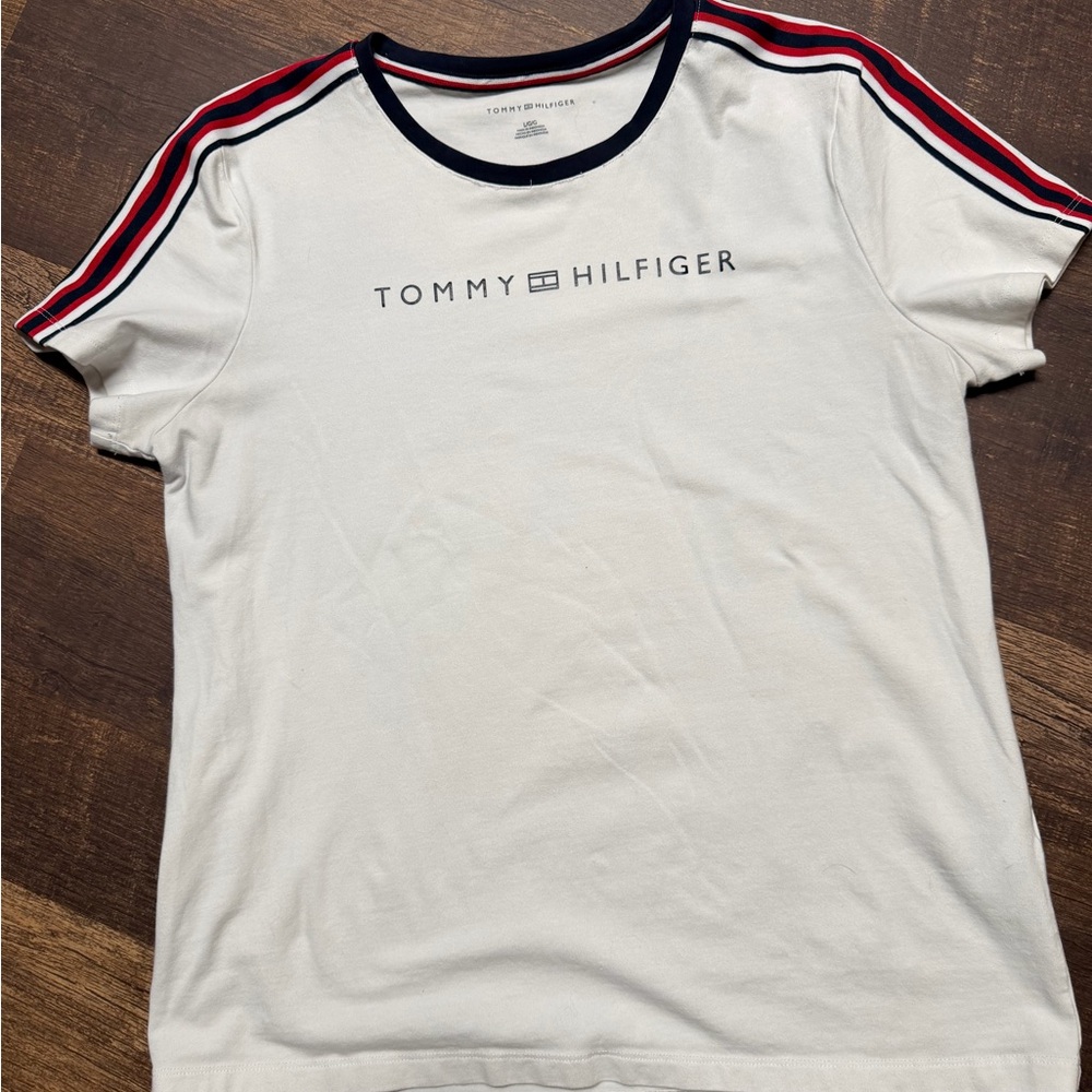 Tommy Hilfiger White Tee with Red and Navy Stripes